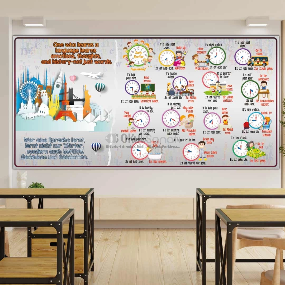 İngilizce - Almanca Saatler ve Günlük Rutinler Okul Posteri
