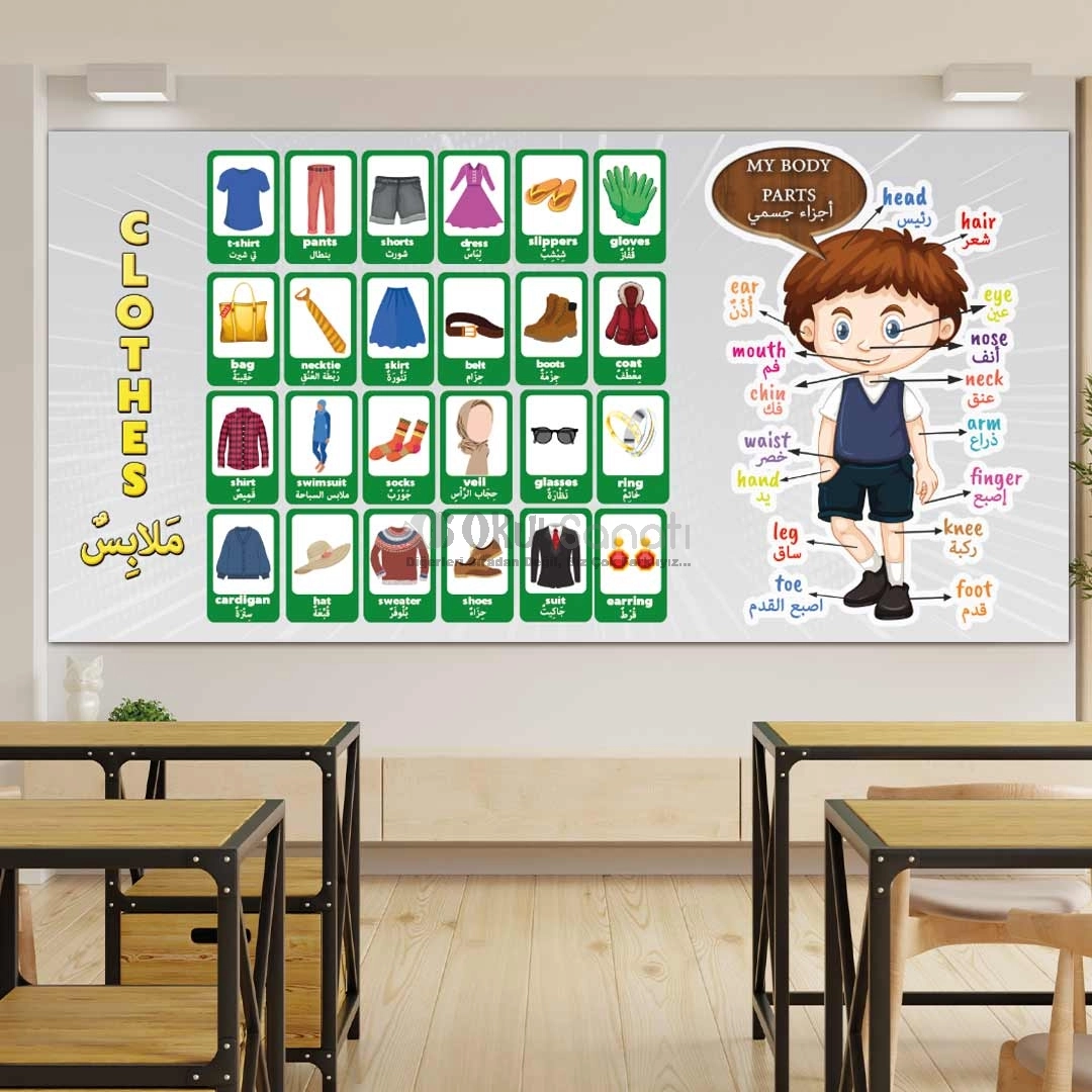 İngilizce ve Arapça Giysiler ve Vücut Bölümleri Okul Posteri