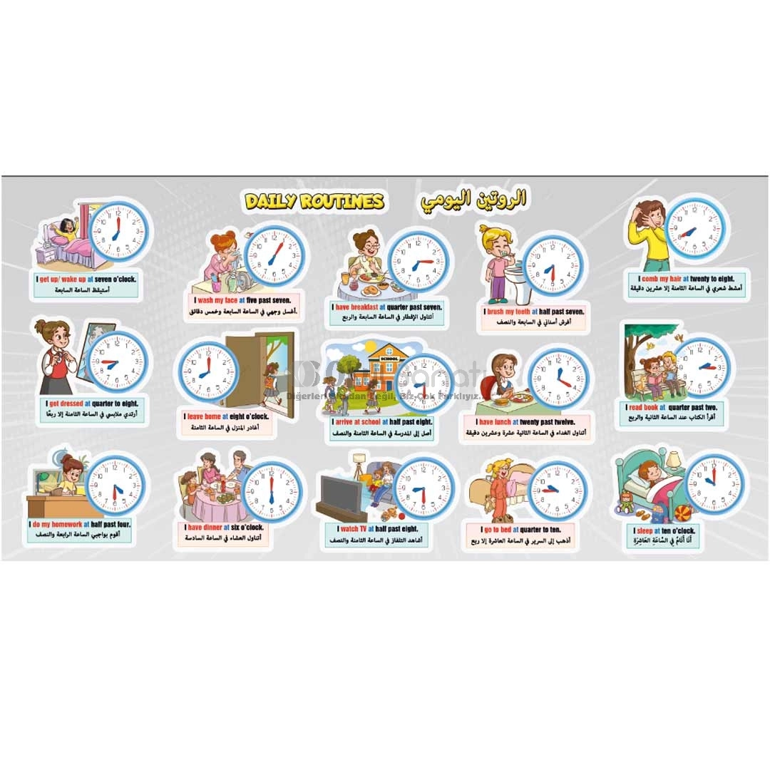İngilizce ve Arapça Günlük Rutinler Okul Posteri - Daily Routines