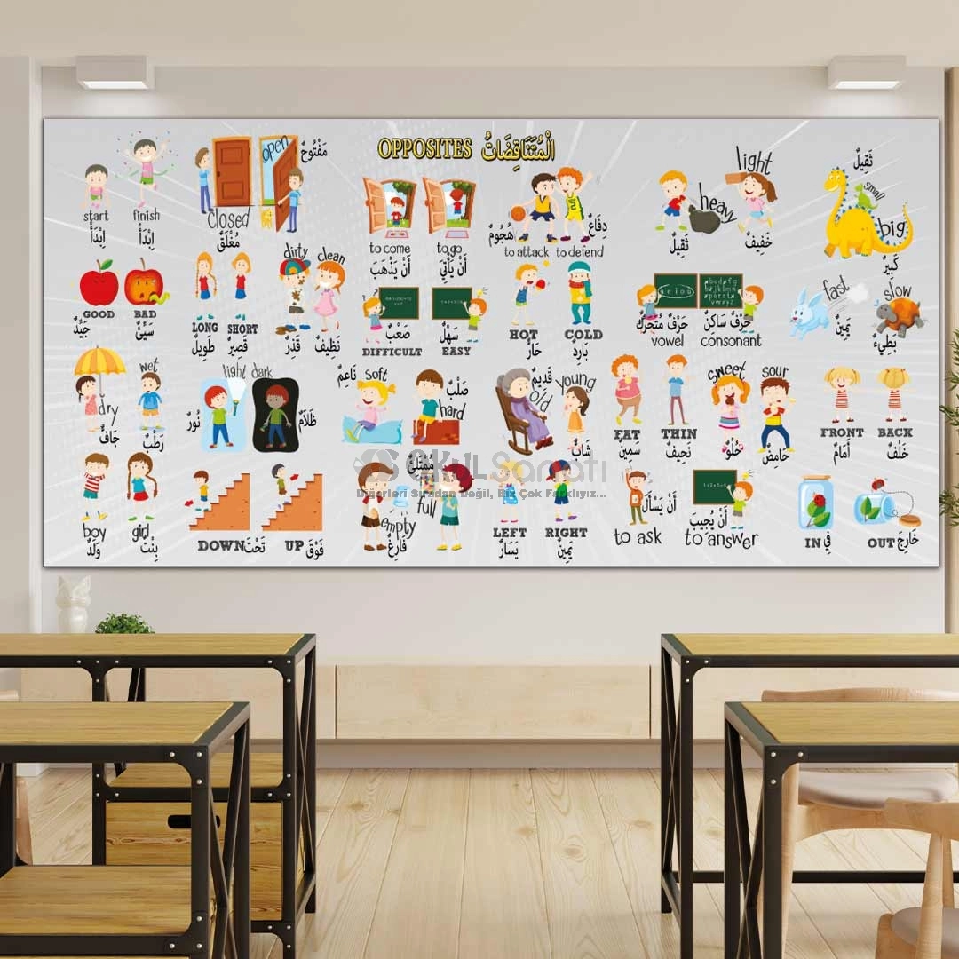 İngilizce ve Arapça Zıt Anlamlı Kelimeler Okul Posteri