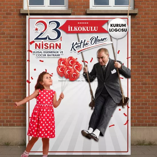 23 Nisan Hatırası Branda Afiş Modelleri | Salıncakta Atatürk