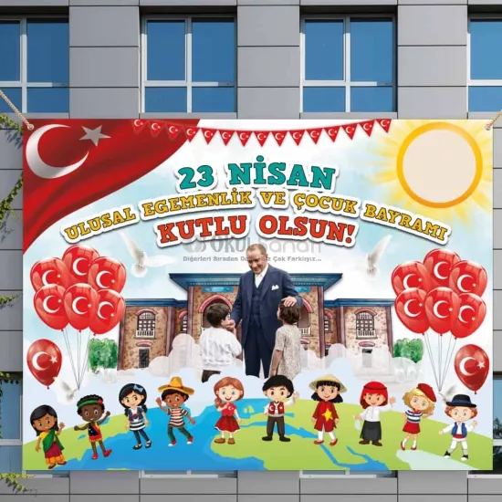 23 Nisan Panosu Branda Afiş Modelleri | Atatürk ve Çocuk
