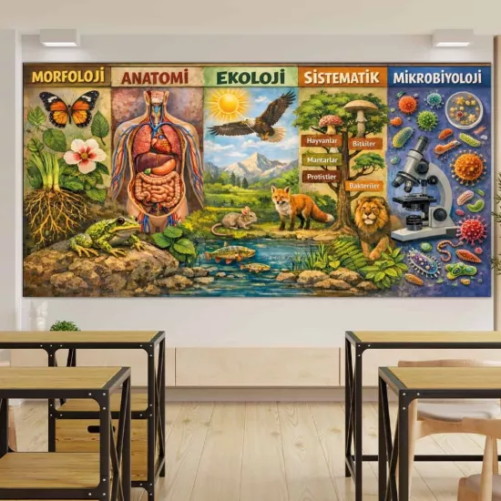 Biyolojinin 5 Temel Alanı Okul ve Laboratuvar Posteri