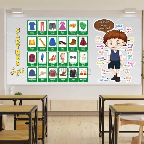 İngilizce ve Arapça Giysiler ve Vücut Bölümleri Okul Posteri