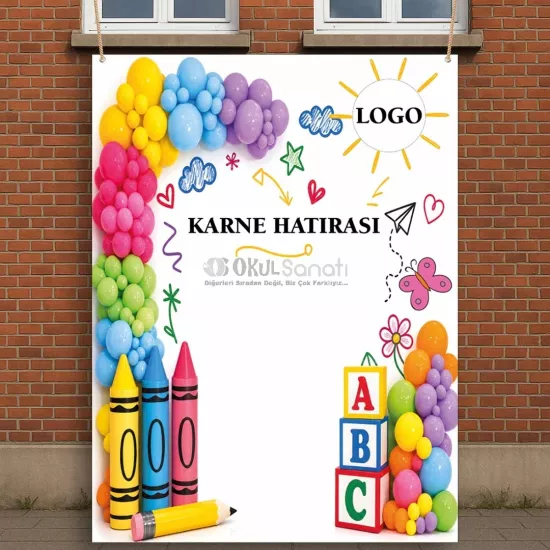 Renkli Balon Süslemeli Karne Hatırası Çekim Brandası