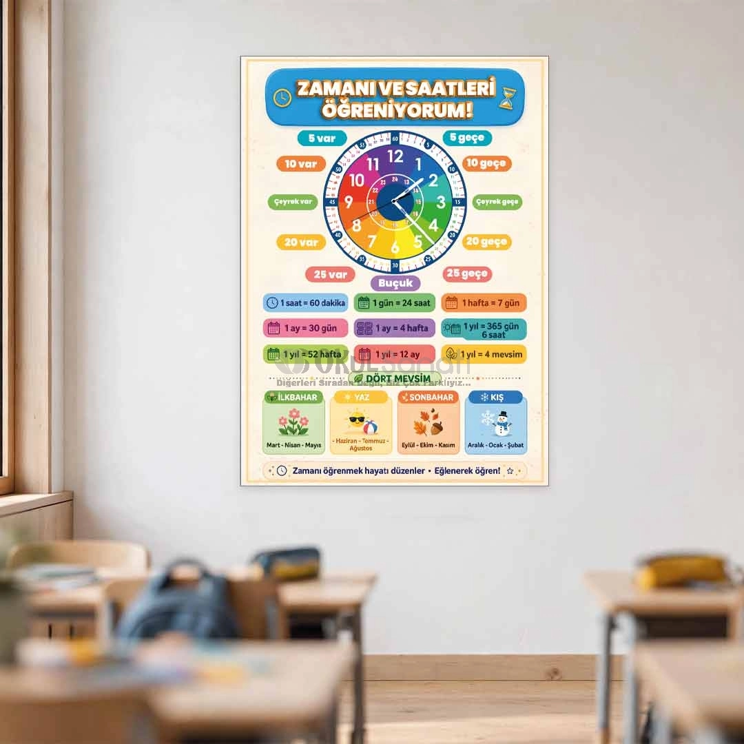 Zamanı ve Saatleri Öğreniyorum İlkokul Matematik Posteri